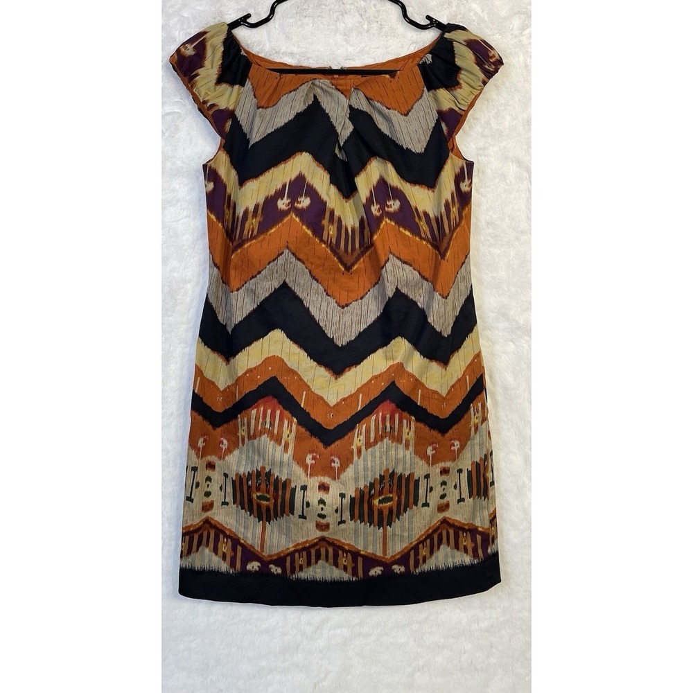 Adrianna Papell Orange Black Ikat Chevron Cap Sleeve Shift Mini Dress RN59782